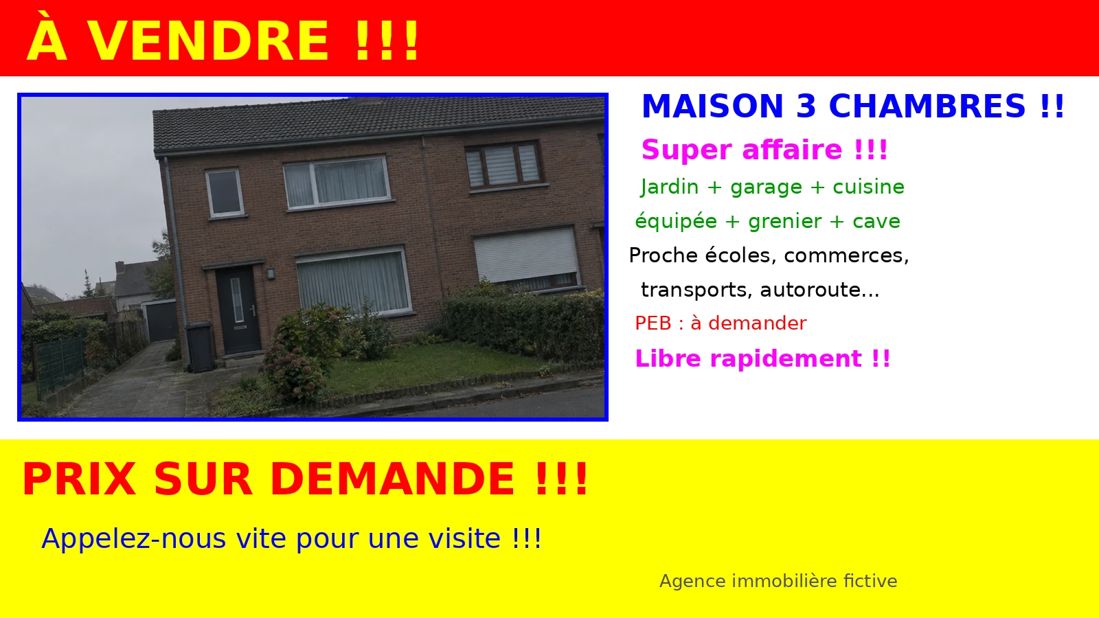 Avant : annonce immobilière brute, photo sombre et texte peu mis en page.